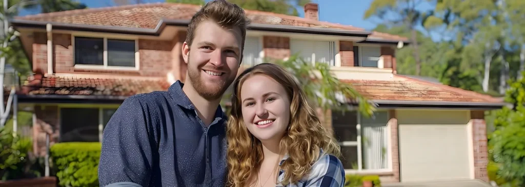 First home buyer couple standing in front of a new home in Melbourne's northern suburbs in 2026